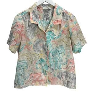 Vintage 80s 90s Shirt Blouse Womens M Pastel Elephant Print Secretary Safari